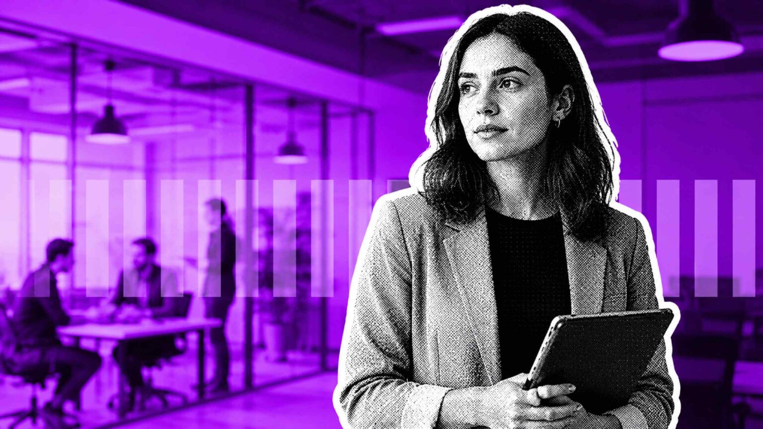 carers leave consultation | HR Hype Professional woman in a blazer holding a notebook tablet foreground office scene with colleagues blurred in purple tint behind her