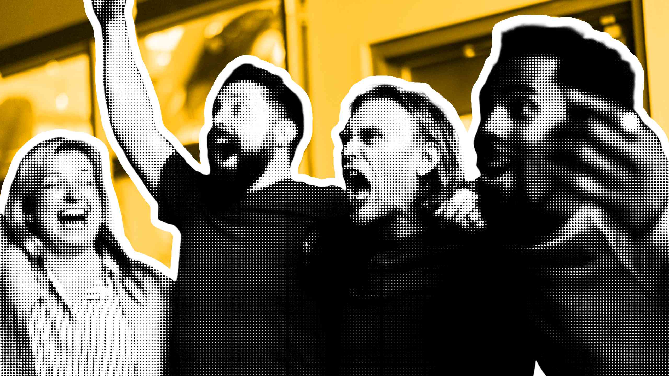 Group of diverse people celebrating with raised arms against a yellow background illustratedhalftone style